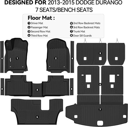 Floor Mats for 2013-2015 Dodge Durango 7 Seats/Bench Seats | Trunk Mat and 2nd/3rd Backrest Mat & Door Sill Guard All Weather TPE Protector Full Set Interior Accessories Floor Liners - Image 2