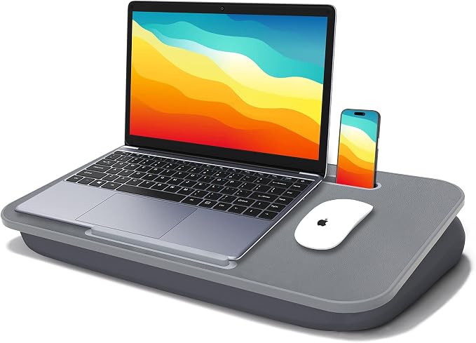 Lap Desk with Cushion, Fits up to 17 inch Laptop, Pillow Designed, Portable Laptop Stand with Tray, Pad & Phone Holder, Home Office for Bed/Couch/Car/Reading/Writing, MillHome (Gray) by MillHome