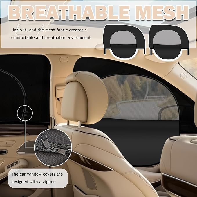 4PCS Zipper Car Window Shades for Side Window,Blackout & Mesh Car Windows Screens for Camping & Privacy,Breathable Front/Rear Cars Windows Covers with Nylon Stickers - Image 4