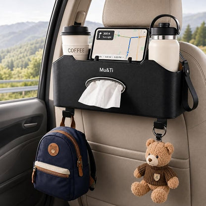 Back Seat Car Organizer with Cup Holders Tissue Box, Phone Stand and Hooks | Includes 1 Pack Of Tissues And 1 Pack Car Trash Bags, Headrest Cup Holder, Multifunctional Storage For Car Travel Accessories by MuTi-Design