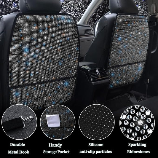 Diamond Bling Car Seat Kick Mats with Storage – Back Seat Protectors with Sparkly Rhinestones for Girls & Women, Crystal Kick Covers for Automotive Interior Accessories Black 2pcs - Image 2