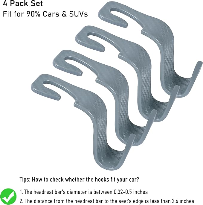 Car Seat Hooks 4 Pack - 55lb Heavy Duty Headrest Hanger, Grey | Universal fit for most cars SUVs,Hang purses handbags coats umbrellas grocery bags,ABS plastic,Easy Installation - Image 4