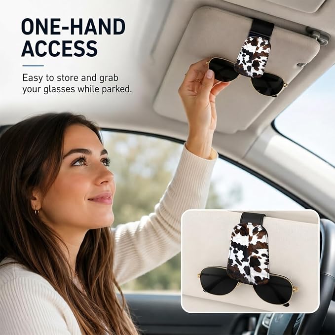 Leather Magnetic Sunglass Holder for Car Sun Visor, Cute Eyeglass Ticket Card Hanger Clip, Universal Auto Interior Accessories for SUV Pickup Truck, Cow Pattern - Image 2