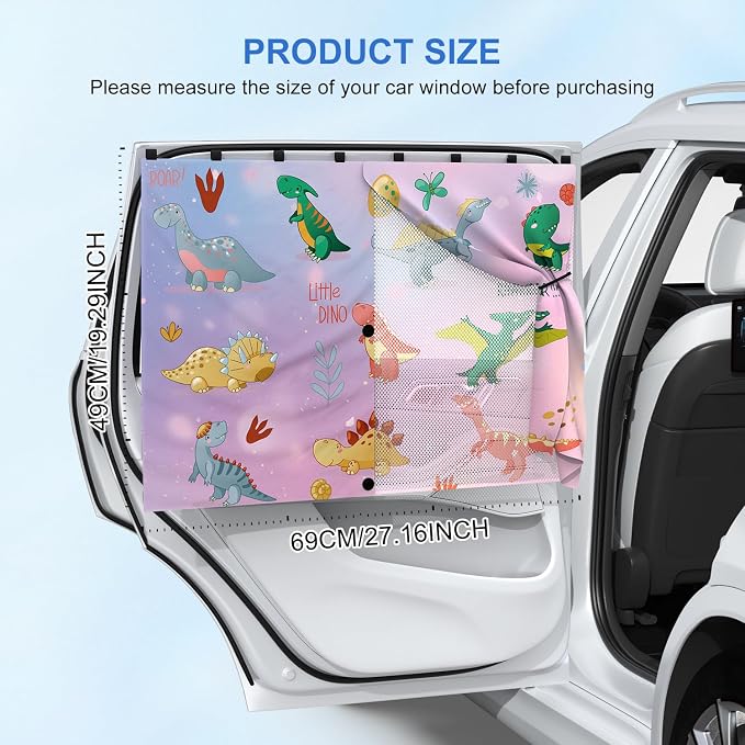 Car Window Shades, [Upgraded] 8 Strong Magnets Magnetic Side Window Sun Shade [2 Pack] - Dual Layer UV Ray Protection Car Sunshade for Baby, Kids & Pets.Dinosaur Cartoon - Image 7
