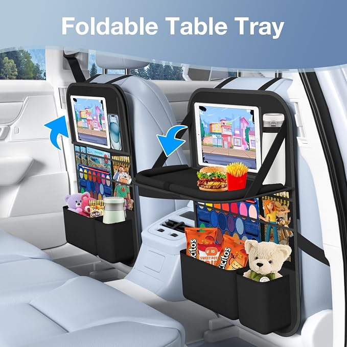 Car Backseat Organizer with Tray, Tablet Holder for Kids Road Trip | 600d Oxford Fabric, Waterproof & Easy-Clean, Foldable Tray Stows Away, Adjustable Straps Fit Car Seats, Multi-Size Pockets - Image 3