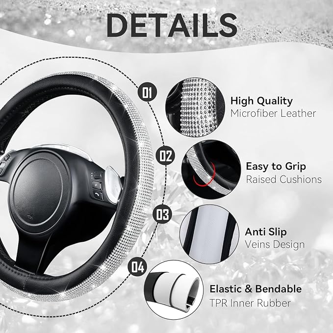 CAR PASS Bling Silver Diamond Leather Steering Wheel Cover, with Sparkly Crystal Glitter Rhinestone Universal Fit 13" 1/2-14" Small Car Wheel Protector for Women Girl Fit Car,SUV,Van,Sedan, Silver - Image 4