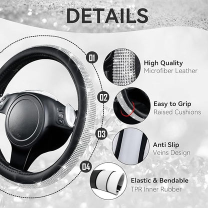 CAR PASS Bling Silver Diamond Leather Steering Wheel Cover, with Sparkly Crystal Glitter Rhinestone Universal Fit 13" 1/2-14" Small Car Wheel Protector for Women Girl Fit Car,SUV,Van,Sedan, Silver - Image 4