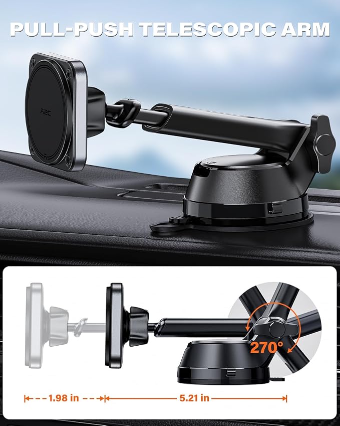 APPS2Car Magnetic Car Mount for MagSafe, Heavy Duty Phone Holder with 20 N55 Magnets, Strong Suction Cup, Adjustable Telescopic Arm, Dashboard & Windshield Mount for iPhone 12-17 Series and All Phones - Image 4