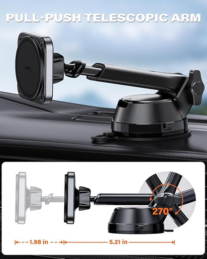 APPS2Car Magnetic Car Mount for MagSafe, Heavy Duty Phone Holder with 20 N55 Magnets, Strong Suction Cup, Adjustable Telescopic Arm, Dashboard & Windshield Mount for iPhone 12-17 Series and All Phones - Image 4
