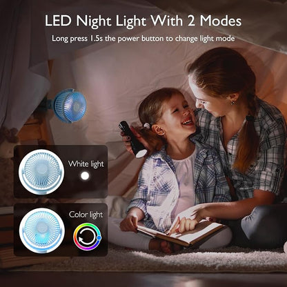 Momcozy 8000mAh Portable Stroller Fan, 27H Ultra-long Battery Life | Detachable 4 Speed 360°Rotate LED Night Light with 2 Modes, USB Rechargeable Handheld Cooling Fan for Travel/Car Seat/Bedroom - Image 6