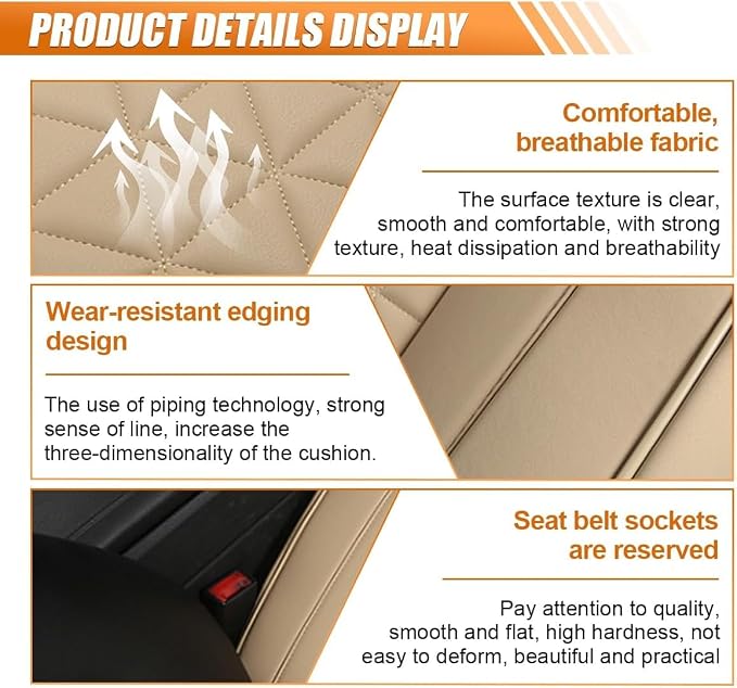 2PCS Luxury Faux Leather Car Seat Cover, Car Seat Cushion, Beige | Anti-Slip Waterproof Universal Front Bottom Seat Protector with Storage Pocket for Sedans, SUVs, Trucks, Triangular Pattern - Image 3