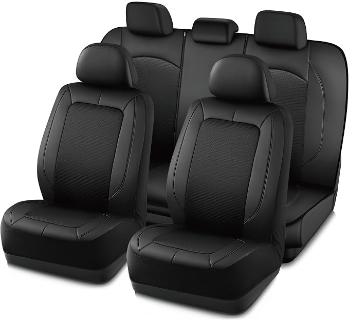 PIC AUTO Car Seat Cover, Pinping Leather and Mesh Seat Cover for Cars, Stylish Two-Tone Design Full Set Seat Covers, Breathable, Universal Fit,Comfortable and Durable SUVs, and Trucks(Black) by PICAUTO
