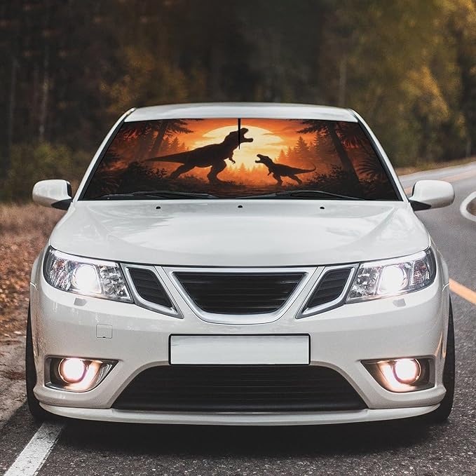 Socira Dinosaur Car Windshield Sun Shade Umbrella Automotive Windshield Sunshade Foldable Front Car Accessories Interior Decor to Keep Vehicle Cool for Most Vehicles 57'' X 30'' - Image 2