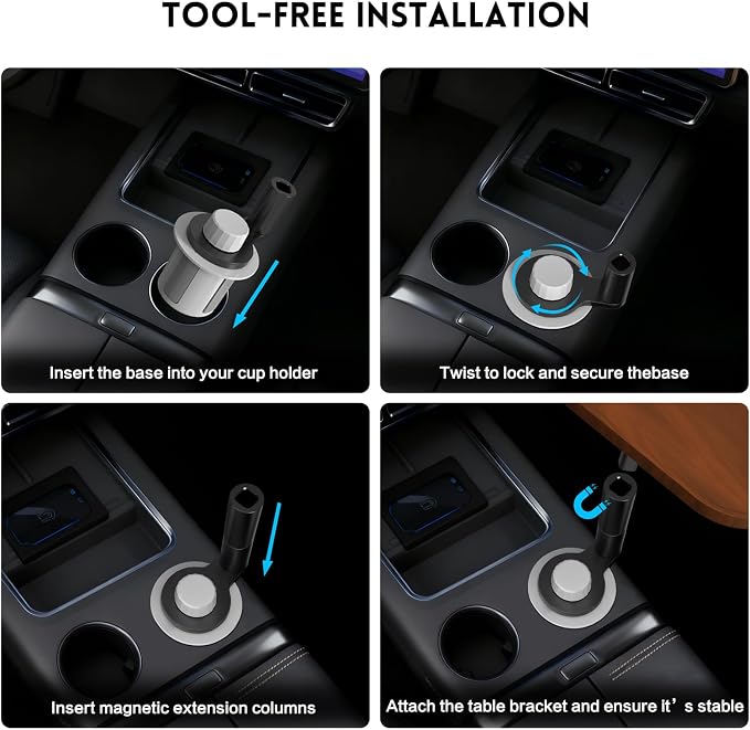 360° Rotation Car Desk for Laptop, Height-Adjustable Cup Holder Table, Wooden Car Food Tray & Laptop Mount Compatible with Tesla Model Y/3/S, Ford F150/Explorer/Maverick & Most Vehicles (Warm Walnut) - Image 6