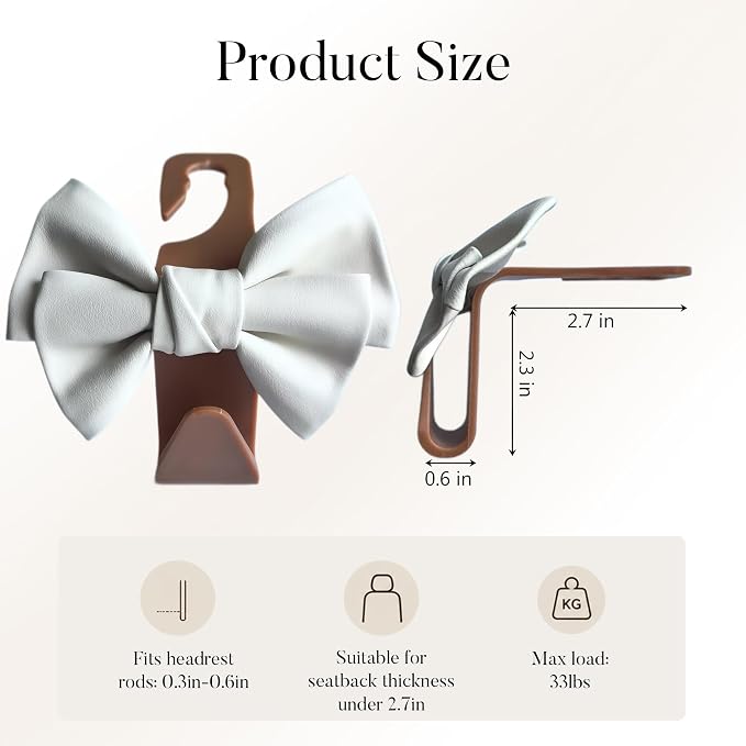 2-Pack Cute Bow Car Purse Hooks, Headrest Hangers, White brown | Cute bow hooks keep purses and bags organized within reach while saving space; fits most car headrests - Image 5