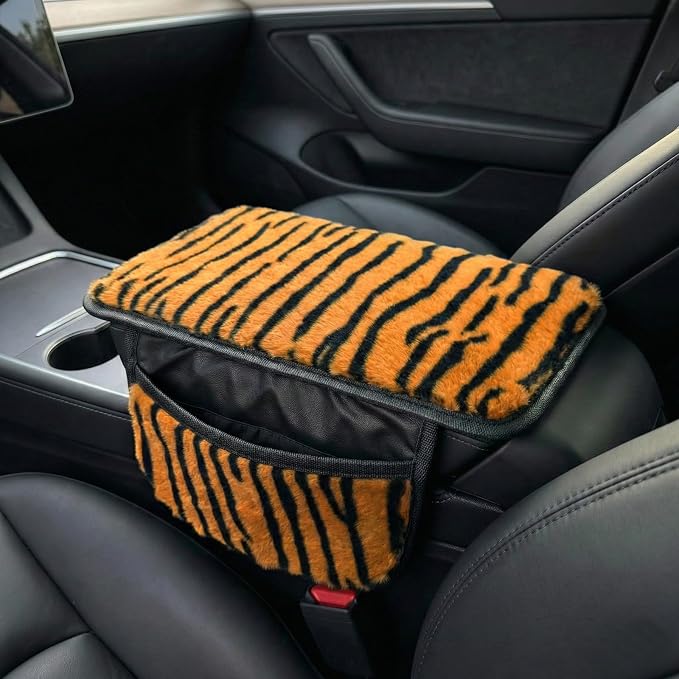 Plush Animal Print Car Center Console Cover with Side Pockets, Fluffy Armrest Cushion Pad.,Soft Car Interior Accessories with Storage for Women. Universal Fit for Vehicles SUV Truck (Tiger Print) by Unknown