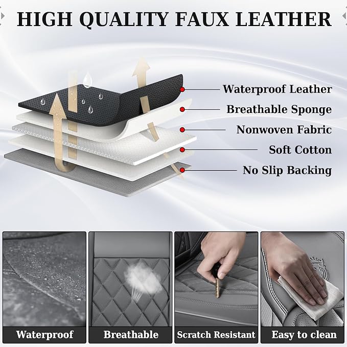 Coverado Car Seat Covers Full Set, Luxury Faux Leather Seat Covers for Cars, Waterproof Car Seat Protector, Gray Car Seat Cover, Universal Automotive Seat Covers Fit for Most Sedan SUV Trucks - Image 5