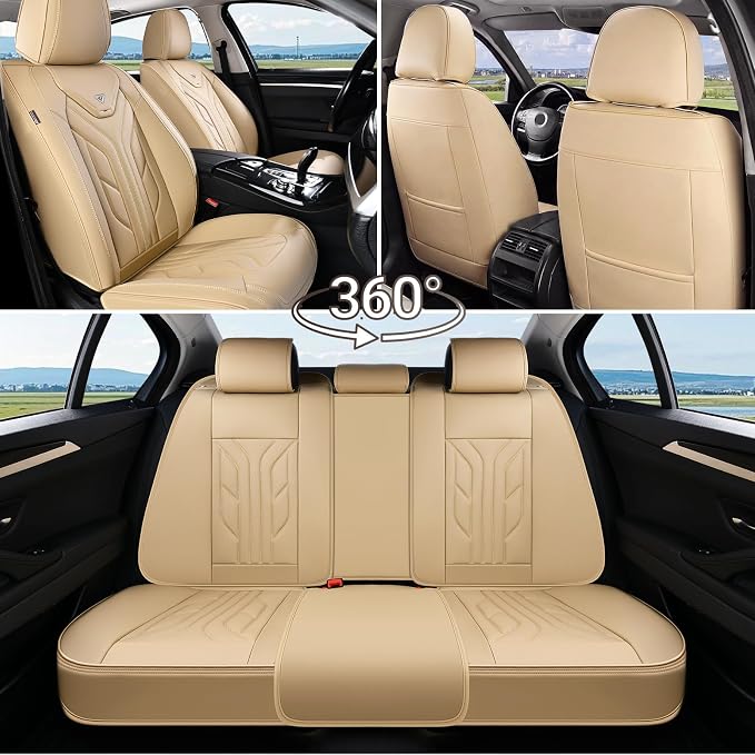 Coverado Car Seat Covers Full Set, Automotive Seat Covers Car Seat Protector Car Seat Cushion, Waterproof Leather Seat Covers for Cars, Universal Fit for Most Sedans SUV Pick-up Truck(Beige) - Image 5