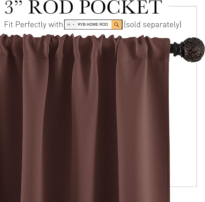RYB HOME Cafe Blackout Curtains 24 inch Length, RV Camper Window Curtains | Short Small Half Window Tiers,Privacy,Thermal Insulated,Light UV Heat Blocking,Rod Pocket,W29 x L24,Chocolate Brown,2 Panels - Image 2