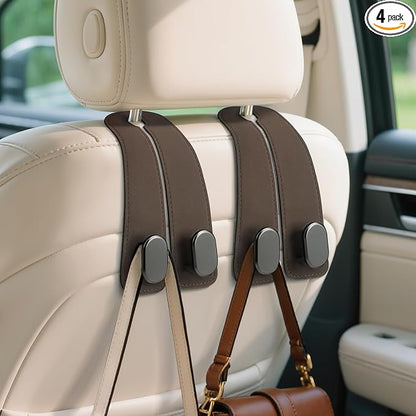 Car Seat Headrest Hooks, 4PCS Universal Car Purse Hook Leather Car Bag Hook | Brown Car Bag Purse Holder with Double Metal Hooks for Handbags, Grocery Bags, Bottles, Phones by Fitnice