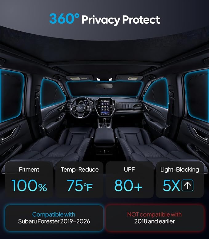 Wigoo 2026 8PC Full Set Window Sunshade for Subaru Forester 2019-2024 | 7-Layer Cooler & Blacker, Ice-Crystal Tech, Full Set Shades With Windshield for Sun Block, Camping Accessories - Image 2