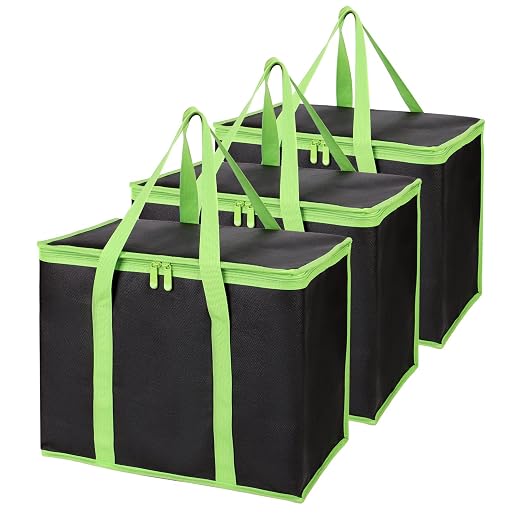 Bodaon 3-Pack Insulated Pizza Delivery Bags, X-Large Reusable Grocery Shopping Bags, Black with Green Edge by Bodaon