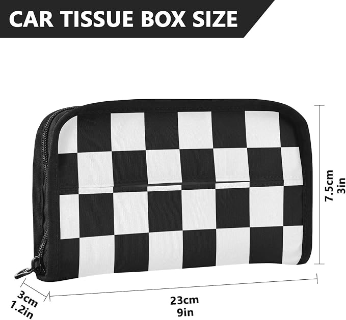 Car Tissue Holder Napkin Box Dispenser Storage Case Sun Visor Mask Holder With Adjustable Straps Reusable Refillable Checkered Black and White - Image 4