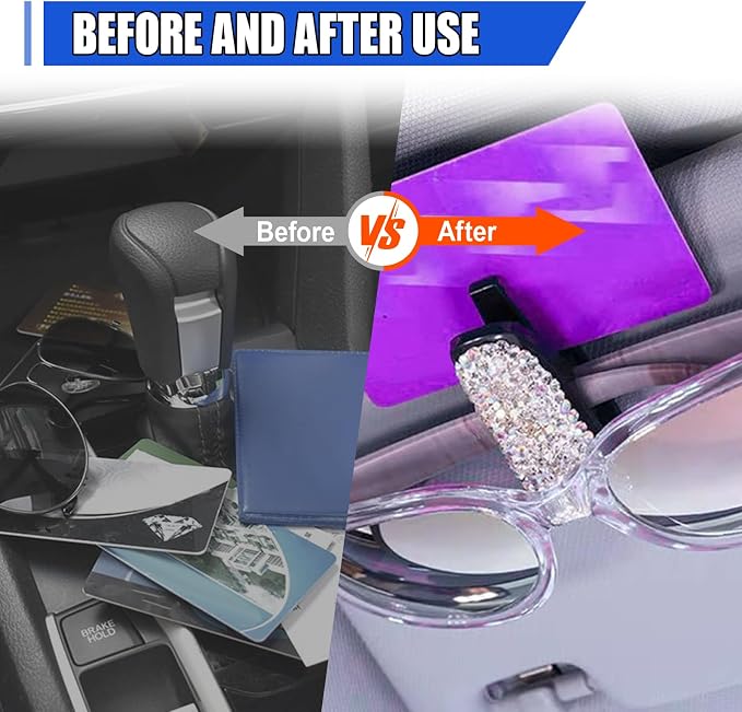 2PCS Bling Sunglass Holder for Car Sun Visor, Crystal Rhinestone Car Eyeglasses Hanger Mount with Ticket Card Clip, Fashion Auto Visor Decoration Accessories for Women Girls (White) - Image 4