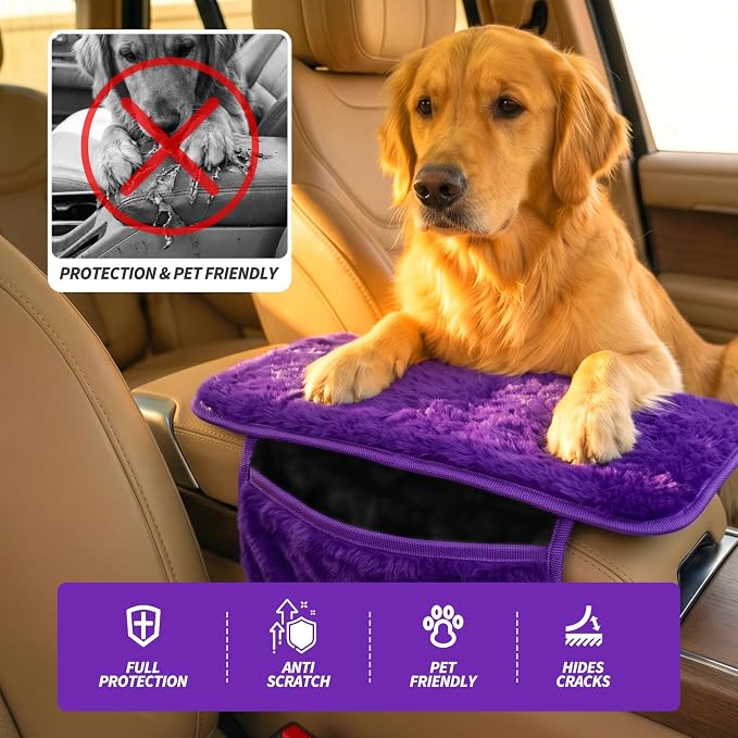 Plush Fuzzy Fur Car Armrest Cover with Side Pockets,Purple | Fluffy Armrest Cushion Pad,Soft Center Console Cover,Car Interior Storage Accessories ,for Most Car Decoration Protector - Image 5