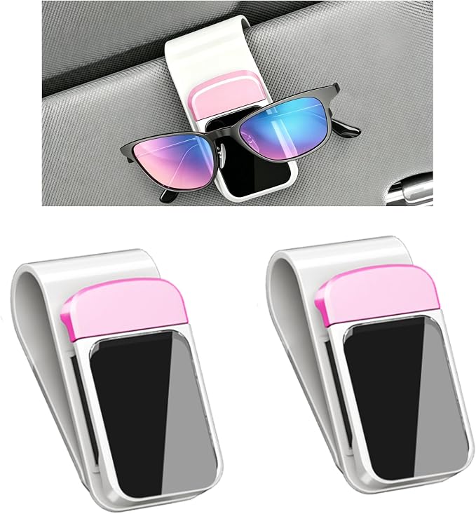 2 Pack Sunglass Holder for Car Visor, Soft Sponge Protection, Snap-On, Pink | Cute Pink&White Car Accessories, No-tool install, universal fit, tidy interior, protect glasses, for sunglasses & eyeglasses by Unknown