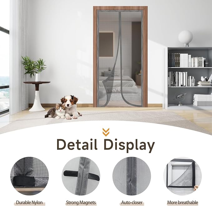 Magnetic Door Screen, Durable Reinforced Anti-Tear Mesh Self-Closing Curtain, Heavy Duty Screen Door with Full Frame Hook & Loop, Fit Door Size 38 x 82 Inch (Silver) - Image 3