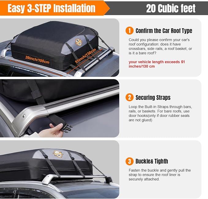 Sailnovo Rooftop Cargo Carrier roof Bag, 20 Cuft fit Cars with/Without Rack | Soft Waterproof Car Roof Bag,6 Tie-Down Straps, 6 Door Hooks,Foldable Car Top Carrier for Road Trip Camping Travel - Image 7