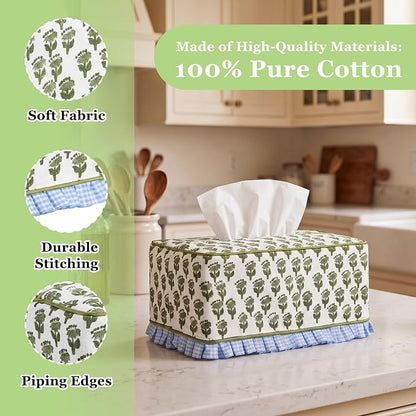 Block Print Fabric Tissue Box Cover, Hydrangea, Olive Green | Rectangular Ruffle Sleeve, Decorative Holder for Bathroom Vanity Car, Napkin Dispenser Grand Millennial Boho Decor Home - Image 3