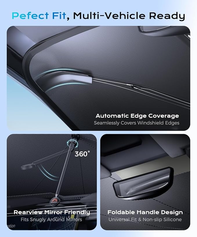 [2026 Upgrade] Coverado Windshield Sun Shade, UPF80+ Sunshade for Car Windshield Blocks Heat & UV Rays, Thickened Vinyl Coating Keep Cool Protect Interior, M 57”x32” for Sedans/SUVs - Image 6