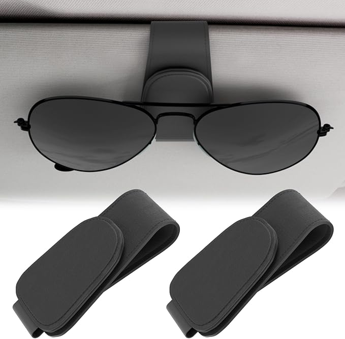 BFXM 2PCS Sunglass Holder for Car, Car Accessories Interior, Leather Clip Magnetic Car Sunglass Holder, Cars Sun Visor Ticket Card Clip, Universal Truck Accessories (Black) | Eyeglass Hanger Clip for Car Sun Visor, Car Sun Visor Ticket and Card Clip by BFXM