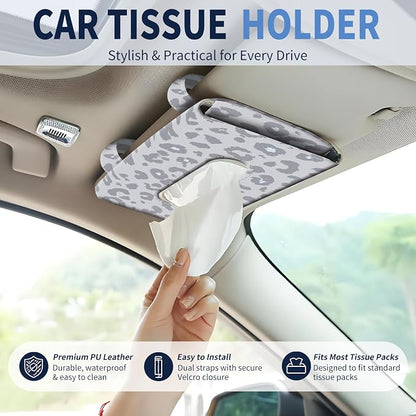 Car Tissue Holder, Cute Sun Visor Napkin Holder Backseat Tissue Case, PU Leather Tissue Box, Funny Car Accessories for Women Men Grey Cute Leopard - Image 2