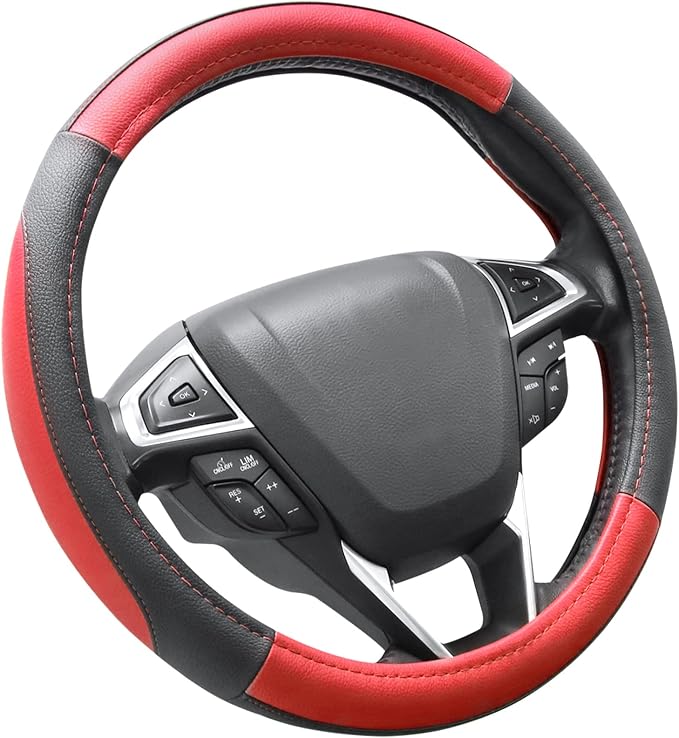SEG Direct Steering Wheel Cover 14.5-15 inch Car Auto Interior Accessories | Universal Medium Standard Size 37-39cm for Car Truck SUV, Microfiber Leather, Anti-Slip Comfortable Grip, Black and Red by SEGDirect