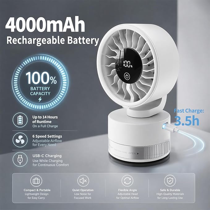 Upgraded Suction Cup Wall Mounted Fan with 4000mAh Battery, 5 Speeds Adjustable 180 Tilt 340 Rotation - Rechargeable Portable Fan Strong Suction for Home, Kitchen, Bathroom, RV, Office, Gym, Cruise - Image 3