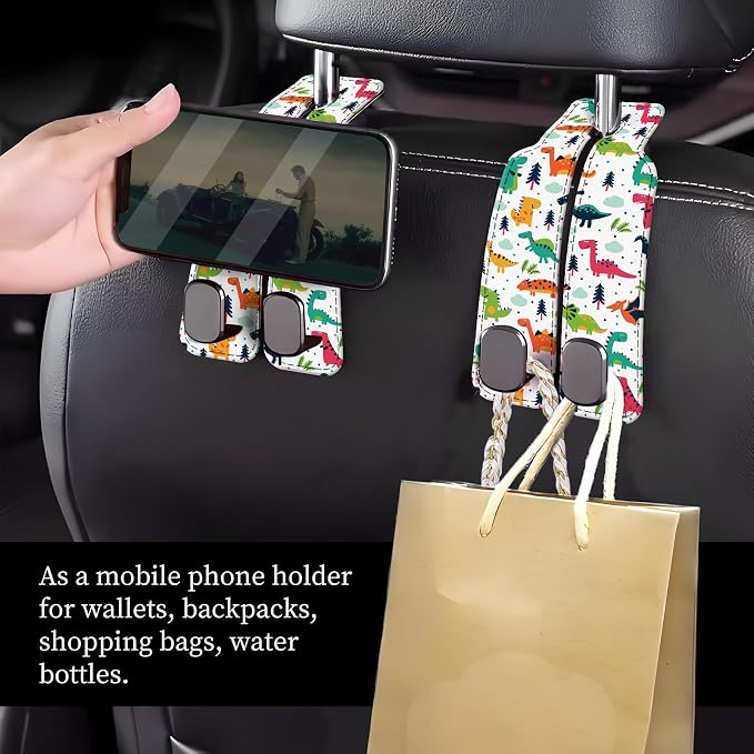 Car Seat Headrest Hook, Universal Leather Cute Hanger Holder Hook, Storage Organizer Interior Accessories for Purse Bags Handbag Colorful Cute Dinosaurs - Image 2