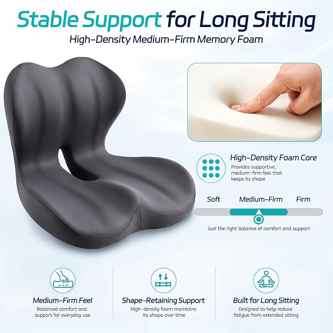 Seat Cushion & Back Support for Tailbone and Lower Back Relief | Higher Back for Stable Lower-Back Support / Dual-Sided Grip Keeps It in Place / Support Without Sinking / Durable / Washable - Image 6