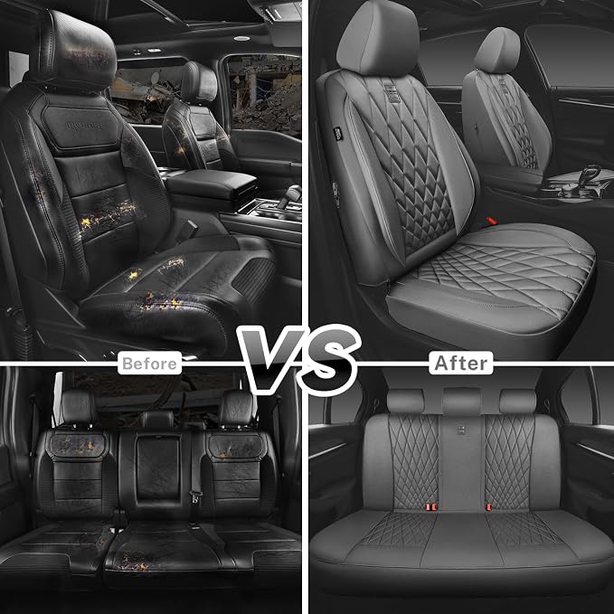 CAR PASS Piping Luxury Leather Seat Covers Full Set,5 Seats Anti-Slip Waterproof Seat Covers Compatible with Front Armrests,Universal Fit for Sendans, Suvs,Vans,Trucks,Airbag Compatible,Pure Gray - Image 6