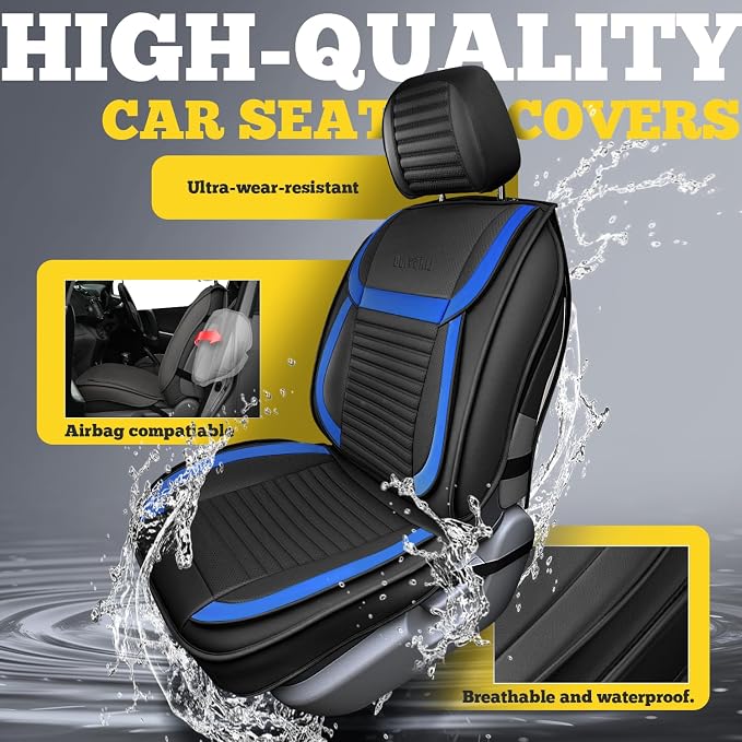 Front Car Seat Covers, Faux Nappa Leather for Sedan SUV, 2 Seats | Waterproof, Breathable and Airbag Compatible, Helps Reduce Slipping, Black+Blue - Image 6