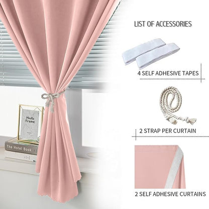 Self Adhesive Blackout Curtains- Stick on Curtains Shades Window Blinds Curtain No Rod Needed Easy to Hang Curtain, Use for Bedroom, Living Room, 47" W X 84" L, Pink, 2 Panels - Image 2