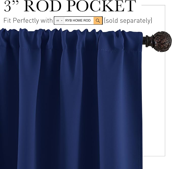 RYB HOME Small Window Curtains 45 inches Length for Kitchen Cafe Bathroom | Room Darkening Curtains & Drapes, Energy Saving, Thermal Insulated, For Kids Bedroom, W42 x L45, Marine Blue, 2 Panels - Image 2