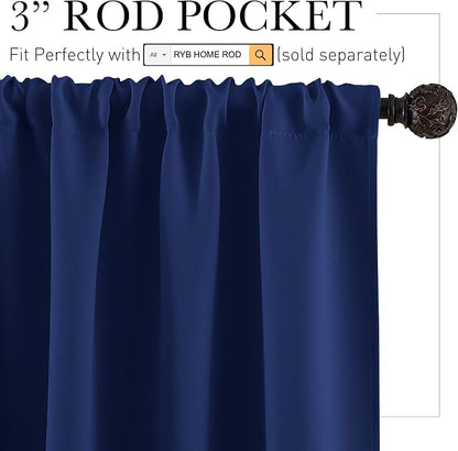 RYB HOME Short Blackout Curtains for Small Window Kitchen Bathroom Cafe RV | Sunmmer Heat Light Blocking, Privacy, Energy Saving, For Sunroom Laundry Room Stair Window, W52 x L36, Marine Blue, 2 Panels - Image 2