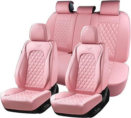Coverado Full Set Car Seat Covers, Luxury Faux Leather Waterproof Seat Covers, Pink Car Seat Protectors, Universal Fit for Most Cars, Automotive Seat Covers-Pink by COVERADOAUTO