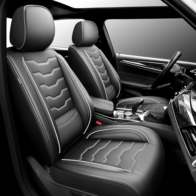 Fit Titan Car Seat Covers Premium Leather for Nissan Titan 2009-2023 2024. Waterproof， Breathable, Scratch-Resistant & All-Weather Seat Cushion Protector（2 Front Seats,White Line Black by Unknown