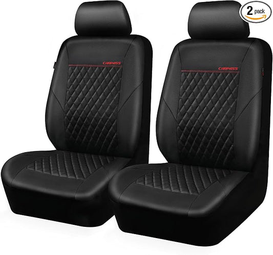 CAR PASS Quilting Leather Seat Cover Two Front Seats Only, Universal Fit Automotive Front Seat Covers Waterproof Deluxe PU Premium Vinyl Luxury for Cars Sedan Van SUV Airbag Compatible 2 Pieces,Black by CARPASS