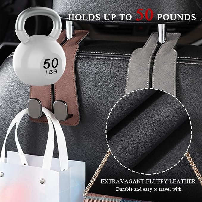 2 PCS Car Seat Headrest Hook, Back Seat Hanger with Double Flexible Leather Hooks, Soft Leather Double Headrest Metal Hooks Purse Handbag Organizer, Car Accessories (Brown) - Image 5
