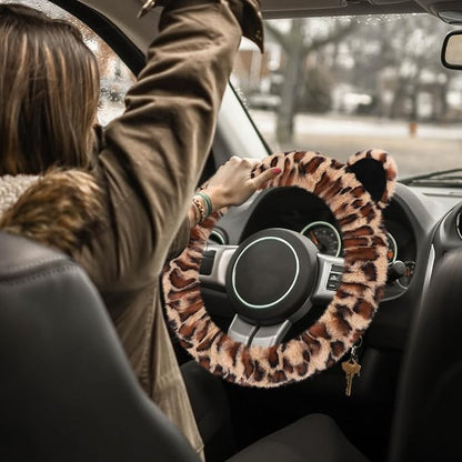 Accmor Fluffy Car Steering Wheel Cover, Leopard Fuzzy Vehicle Wheel Cover for Women Non-Slip Furry Warm Steering Wheel Protector with Cute Ears, Car Accessories 15 inch Universal Fit Auto, Suvs, Truck - Image 7